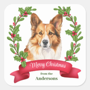 Holly Banner Corgi Dog Portrait Weihnachten Quadratischer Aufkleber