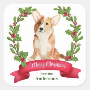 Holly Banner Corgi Dog Weihnachten Quadratischer Aufkleber