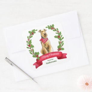 Holly Banner Fox Airedale Terrier Dog Weihnachten Quadratischer Aufkleber