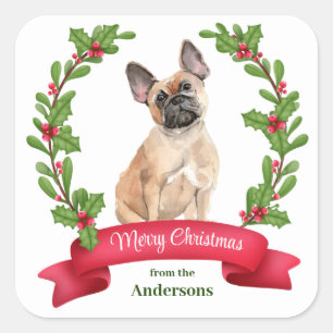 Holly Banner French Bulldog Christmas Quadratischer Aufkleber