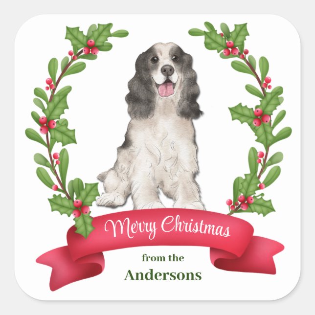 Holly Banner Parti Color Cocker Spaniel Weihnachte Quadratischer Aufkleber (Vorderseite)