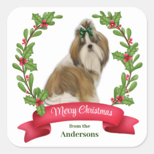 Holly Banner Shih Tzu Dog Weihnachten Quadratischer Aufkleber