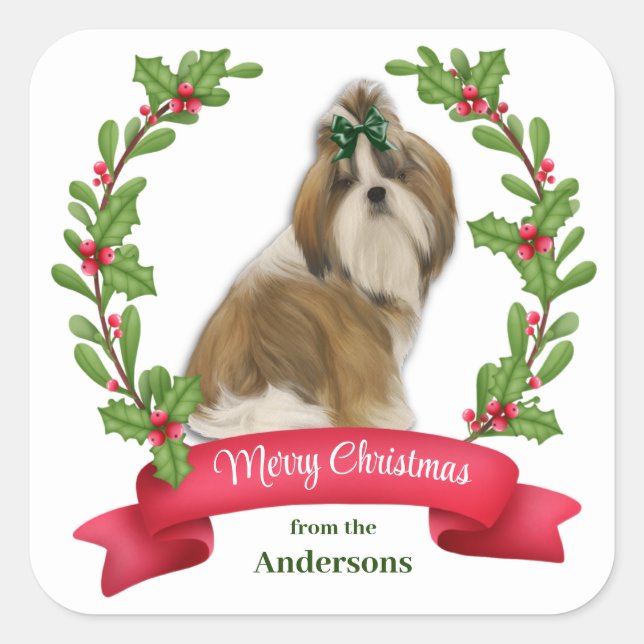 Holly Banner Shih Tzu Dog Weihnachten Quadratischer Aufkleber (Vorderseite)