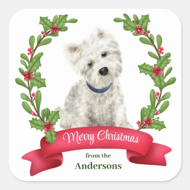 Holly Banner West Highland White Terrier Weihnacht Quadratischer Aufkleber (Vorderseite)