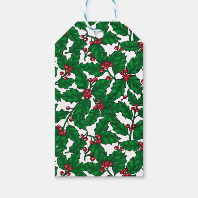 Holly Beere auf Weiß Geschenkanhänger (Vorderseite)