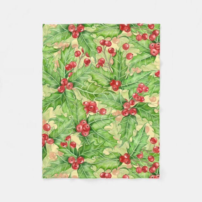 Holly Beere, Wasserfarbe Weihnachtsmuster Fleecedecke (Vorderseite)