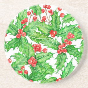 Holly Beere, Wasserfarbe Weihnachtsmuster Sandstein Untersetzer