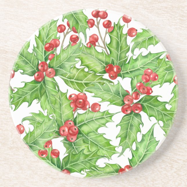 Holly Beere, Wasserfarbe Weihnachtsmuster Sandstein Untersetzer (Vorne)