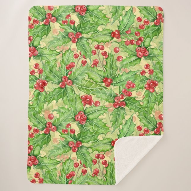 Holly Beere, Wasserfarbe Weihnachtsmuster Sherpadecke (Vorderseite)