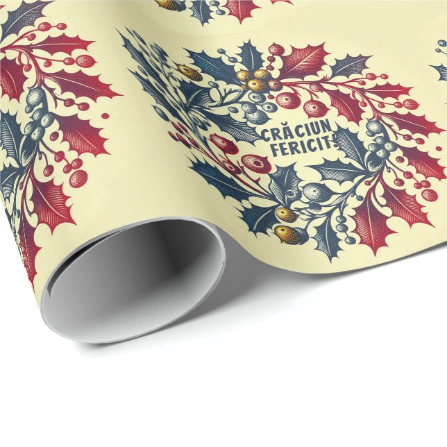 Holly-Beeren-Kräne in den Farben der rumänischen F Geschenkpapier (Rolleneckpunkt)