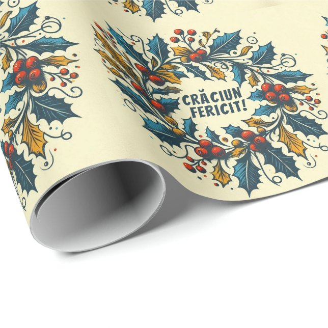 Holly-Beeren-Kranz der rumänischen Flaggenfarben W Geschenkpapier (Rolleneckpunkt)