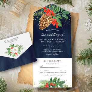 Holly-Beeren-Tannenzapfen-Navy-Weihzeit-Hochzeit All In One Einladung