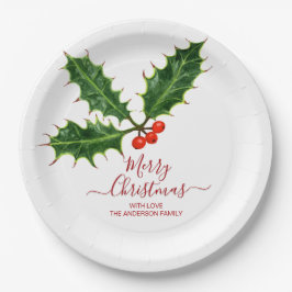 Holly & Beries Frohe Weihnachten und Familienname Pappteller