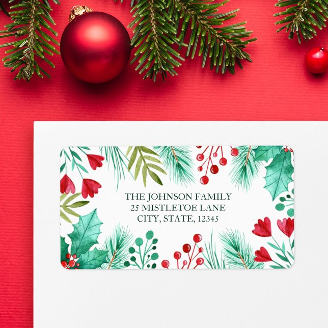 Holly, Berries and Greenery in Watercolor Adressaufkleber (Holly, Berries and Green Leaves Watercolor Label)