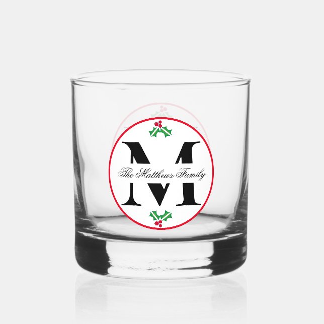 Holly Berries Christmas Holiday Monogram Family Whiskyglas (Vorderseite)