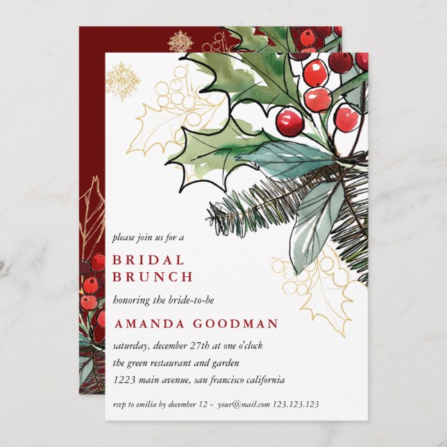 Holly Berries Christmas Wedding Bridal Brunch Einladung (Vorne/Hinten)