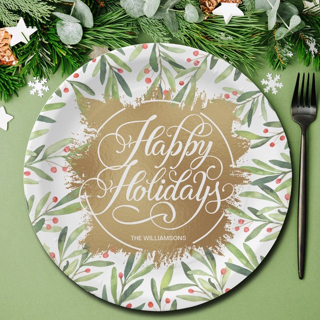 Holly Berries Gold Imitate Foil Holiday Paper Plat Pappteller (Personalized branch and berries on gold faux foil Happy Holiday paper plates)