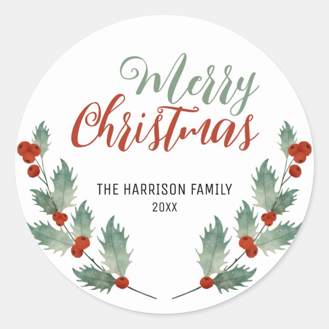 Holly Berries Leaf Grüne Weihnachten Runder Aufkleber (Vorderseite)