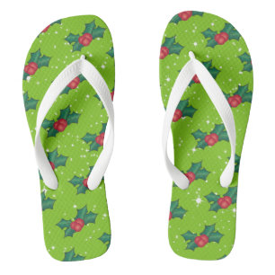 Holly Berries mit Schnee und Sternen auf Bright Gr Flip Flops