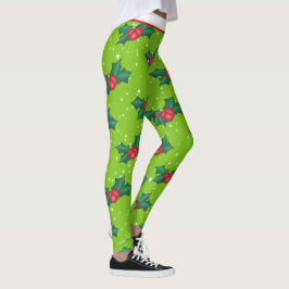 Holly Berries mit Schnee und Sternen auf Bright Gr Leggings