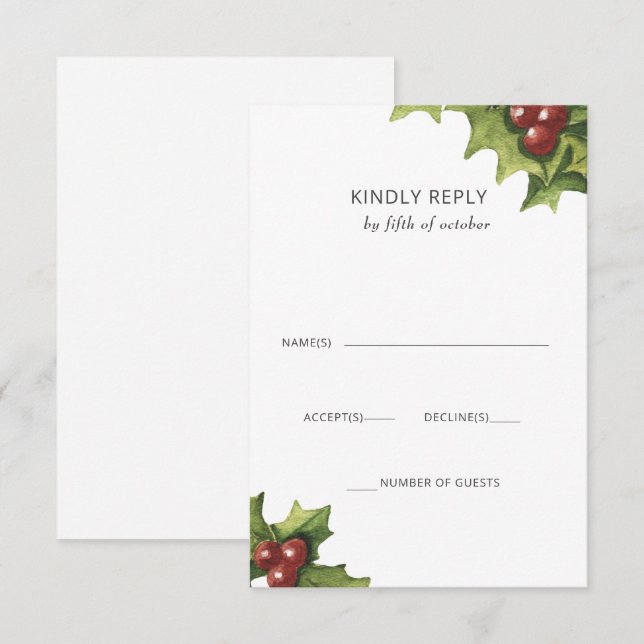 Holly Berries Monogram Winter Wedding RSVP Karte (Vorne/Hinten)