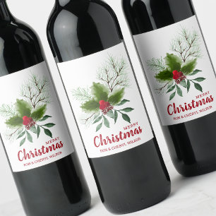 Holly Berries Pine Frohe Weihnachten Weinetikett
