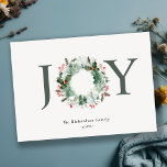 Holly Berries Pine Tree Joy Weihnachtsfeier Feiertagskarte<br><div class="desc">Wenn Sie weitere Anpassungen benötigen,  schreiben Sie mir bitte an yellowfebstudio@gmail.com.</div>