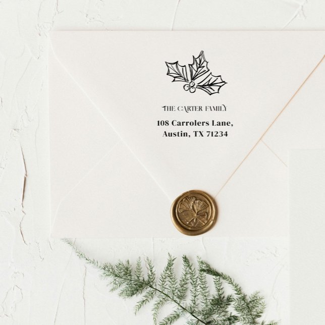 Holly Berries Sketch Rücksendeadresse Permastempel (Hand drawn holly berries illustration sketch holiday Christmas return address rubber stamp.)