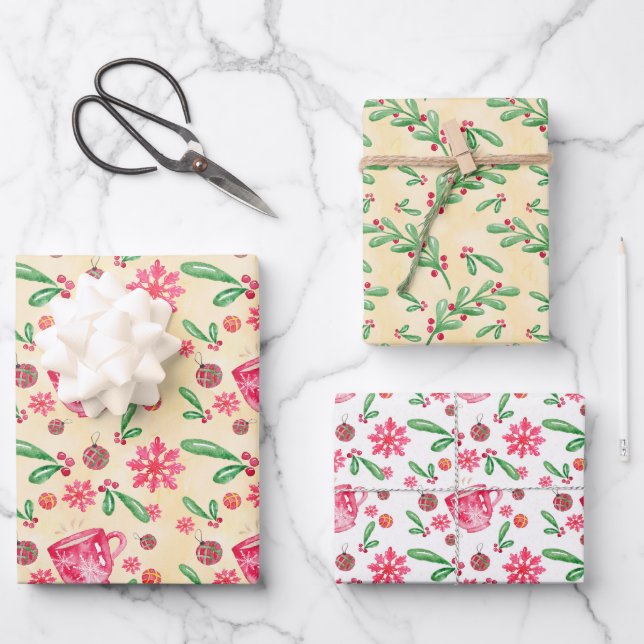 Holly Berries, Teecup, Wasserfarbenschneeflocken Geschenkpapier Set (Vorderseite)