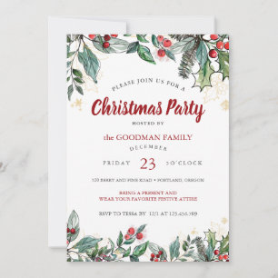 Holly Berries Watercolor Lines Christmas Party Karte