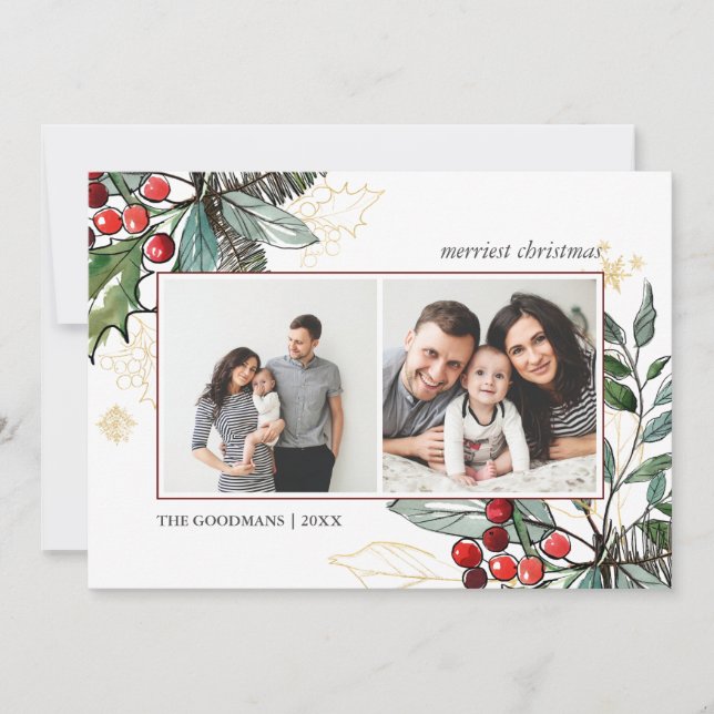 Holly Berries Weihnachten 2 Fotos Urlaub Karte (Vorderseite)