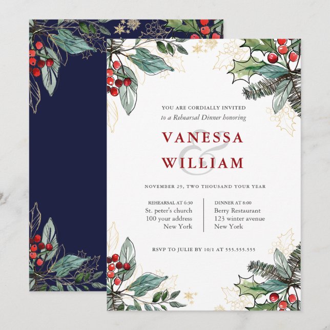 Holly Berries Weihnachts-Hochzeitsessen Probe Einladung (Vorne/Hinten)