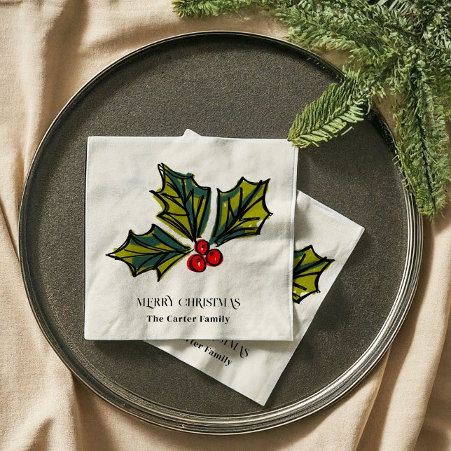 Holly Berries Weihnachtsbilustration Serviette (Holly Berries Watercolor Christmas Sketch Illustration Holiday Party Napkins)