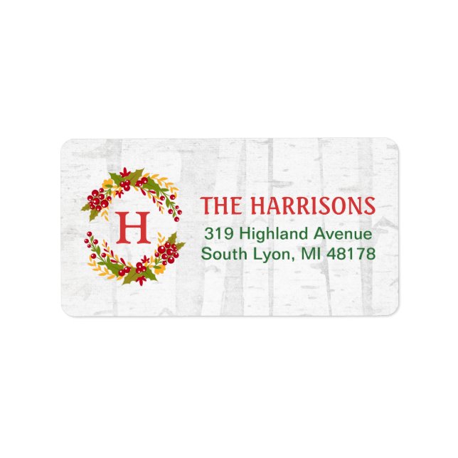 Holly Berries Wreath Initial White Winter Woodland Adressaufkleber (Vorne)