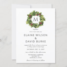 Holly Berries Wreath Monogram Winter Wedding Einladung
