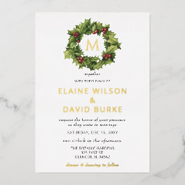 Holly Berries Wreath Monogram Winter Wedding Folieneinladung
