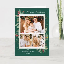 Holly Berries Xmas Green Happy Holidays 3 Foto Feiertagskarte