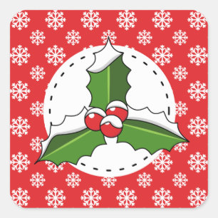 Holly Berry auf Red White Snowflakes Pattern Quadratischer Aufkleber