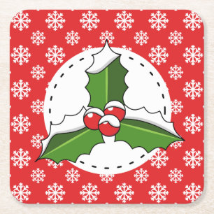 Holly Berry auf Red White Snowflakes Pattern Rechteckiger Pappuntersetzer