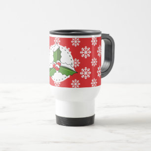 Holly Berry auf Red White Snowflakes Pattern Reisebecher