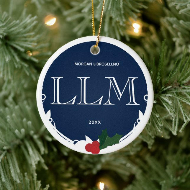 Holly Berry Blue White LLM Abschluss Name Jahr Keramik Ornament (Baum)