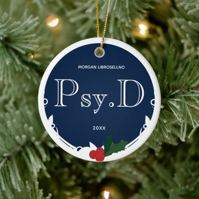 Holly Berry Blue White Name Year Psy.D Abschluss Keramik Ornament (Baum)