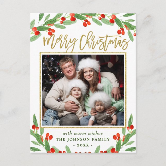 Holly Berry Branch FOTO Weihnachtsgrüßen Postkarte (Vorderseite)