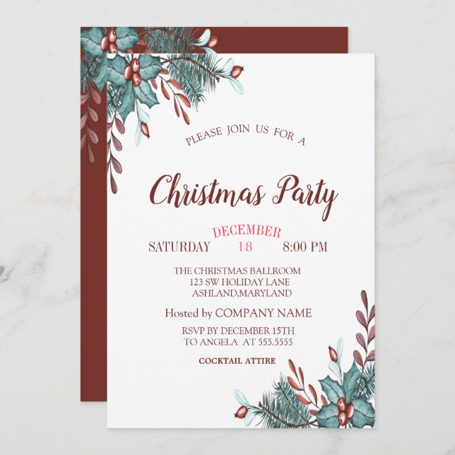 Holly Berry Branches Christmas Company Party Einladung (Vorne/Hinten)