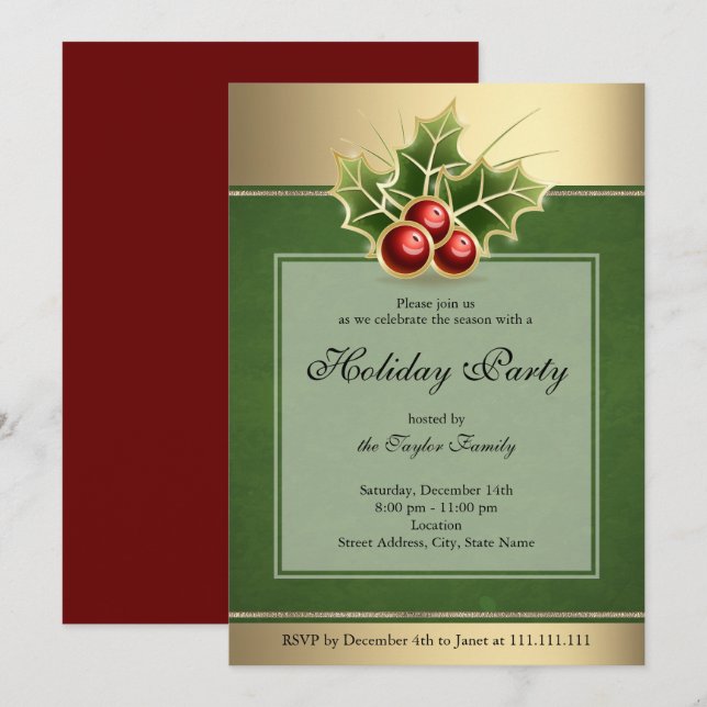 Holly Berry Christmas Party Einladung Green (Vorne/Hinten)