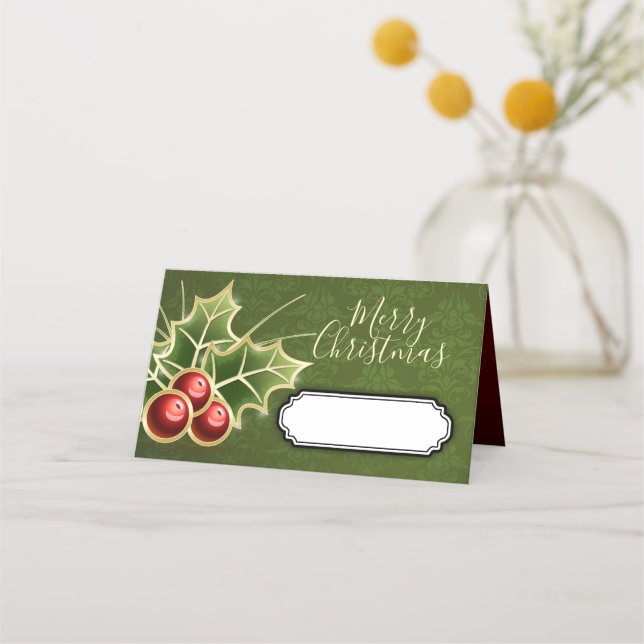 Holly Berry Christmas Party Personalisiert Green Platzkarte (Vorderseite)