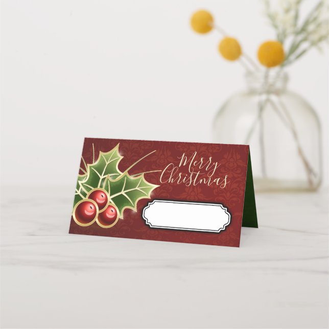 Holly Berry Christmas Party Personalisiert Red Platzkarte (Vorderseite)