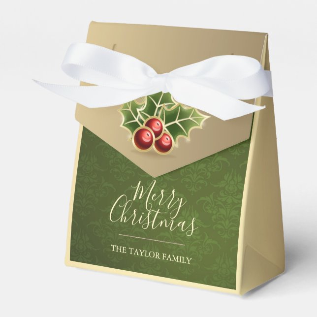 Holly Berry Christmas Personalisiert Green Damask Geschenkschachtel (Vorderseite)