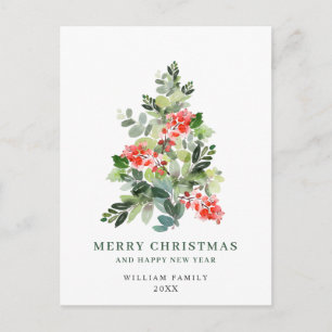 Holly Berry Christmas Tree Gruß Wasserfarbe Feiertagspostkarte