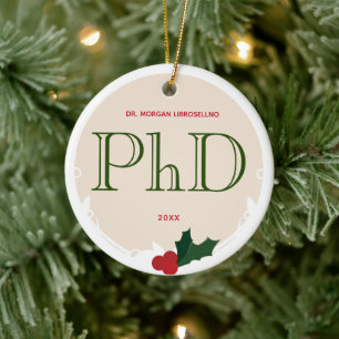 Holly Berry Cream Green Red PhD Graduate Name Year Keramik Ornament